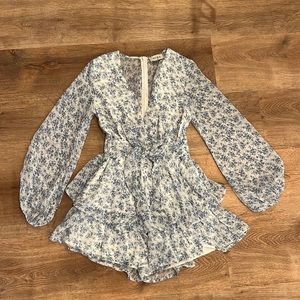 White and Blue Floral Romper with Ruffles